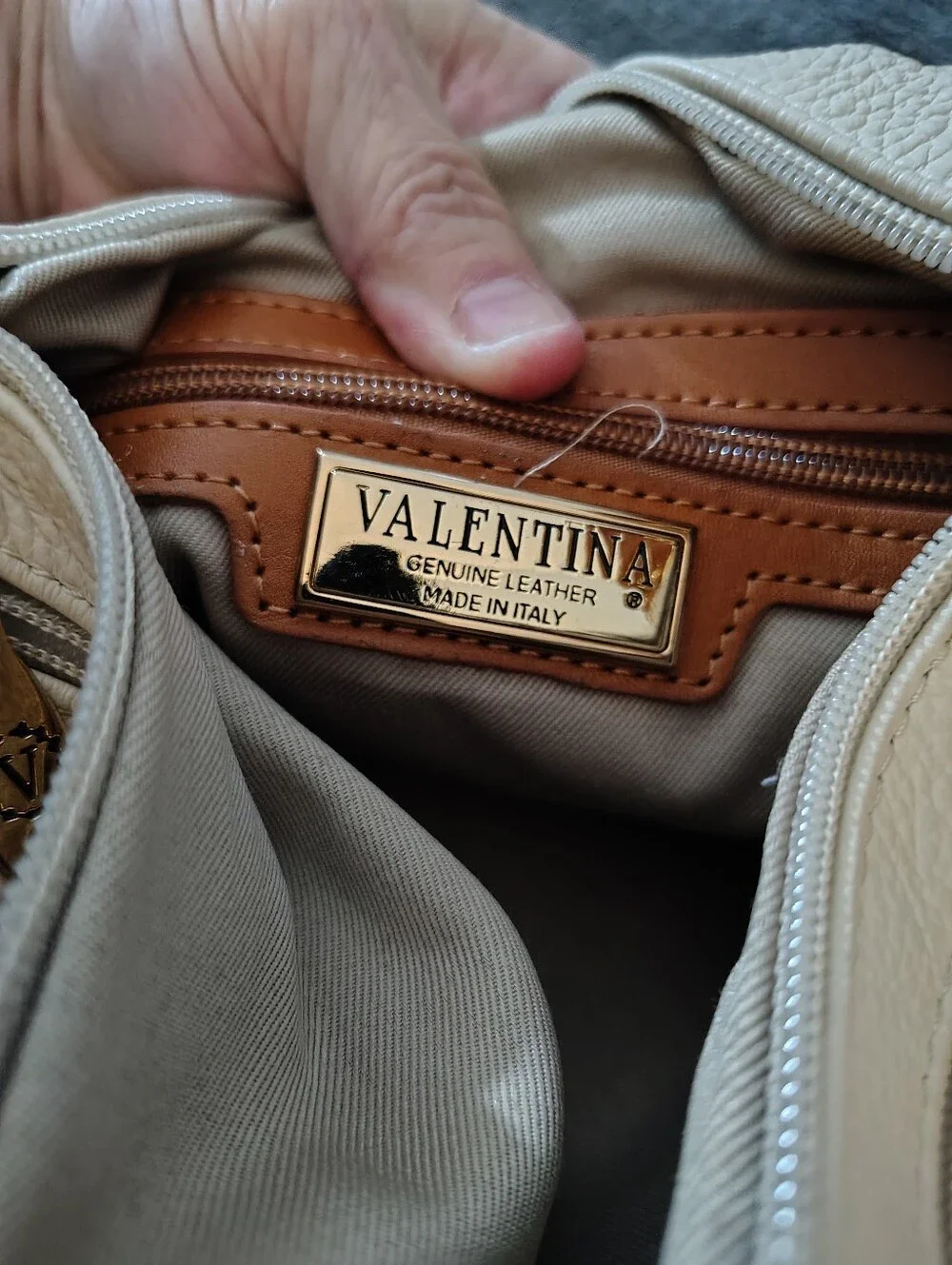 Valentina Cream and Brown Leather Shoulder Bag with Gold Plate